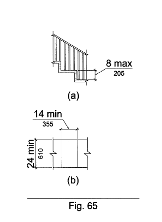 Figure 65(a) shows a transfer step 8 inches (205 mm) high maximum. Figure 65(b) shows a transfer step that is 14 inches (355 mm) deep minimum and 24 inches (610 mm) long minimum.