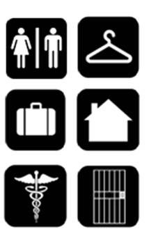 icons representing toilet/bathing facilities, dressing rooms, transient lodging, dwelling units, medical care facilities, and prison cells