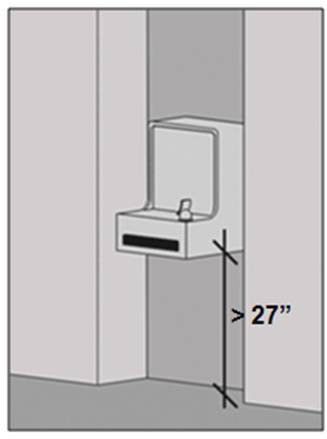 Recessed drinking fountain with leading edge above 2 inches AFF
