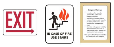 Example signs: "EXIT" with directional arrow, "IN CASE OF FIRE USE
STAIRS," with symbol of person using stairs during fire, and posted
instructions.