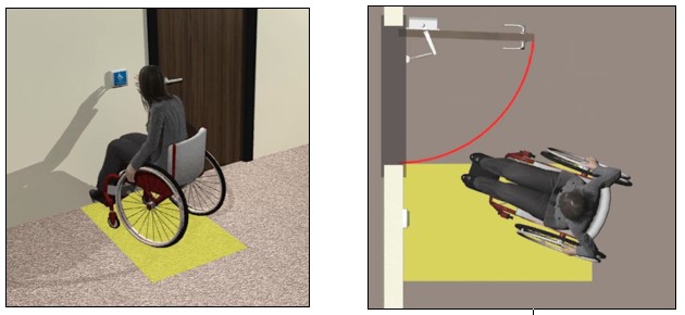 Person using wheelchair pushing automated door control; clear floor
space at control shown in plan view to be outside the swing of the
door