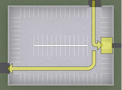 Plan view of garage with the following highlighted: vehicular route from entrance to van space, van space and access aisle, and vehicular route from van space to
exit.