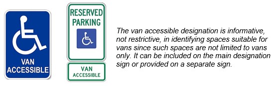 Sign with International Symbol of Accessibility and term "van
accessible." Another sign contains the International Symbol of
Accessibility and "reserved parking" with a separate sign below station
"van accessible."