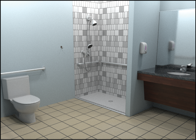 Bathroom with toilet, roll-in-shower, and lavatory