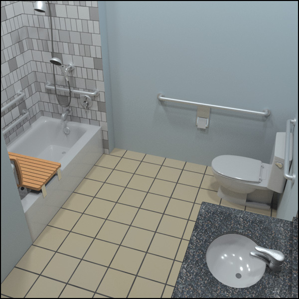 Bathroom with tub and removable seat, lavatory, and water closet.
