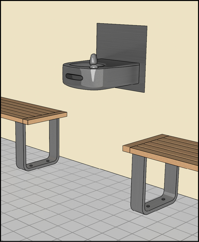 Drinking fountain on wall with benches on both sides.