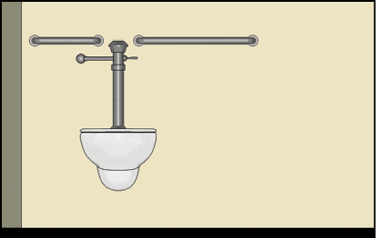 Water closet with rear grab bar that is split because of the location of flush
controls