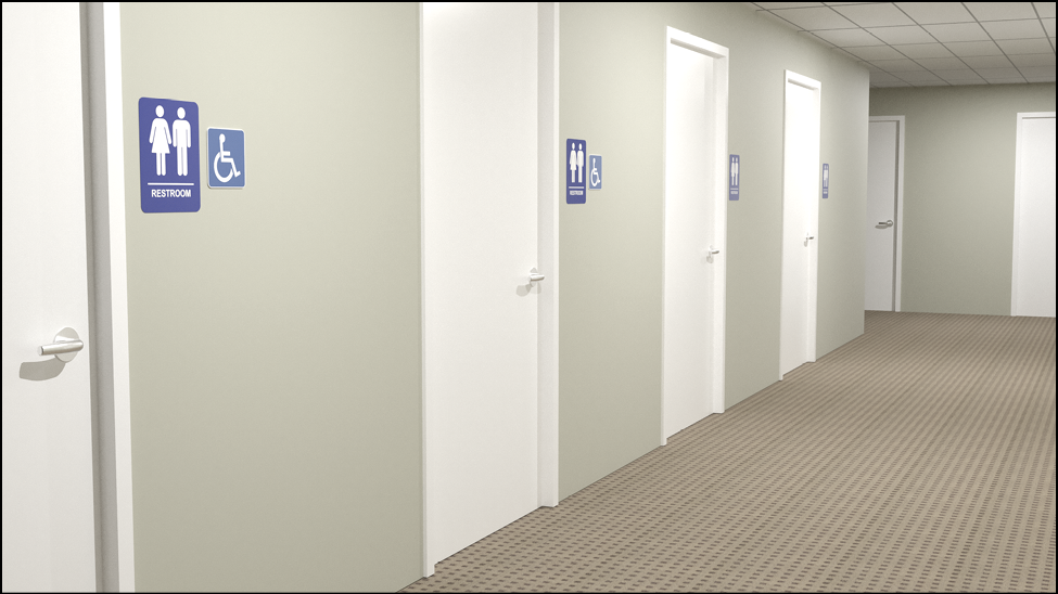 Single-user restrooms along a corridor