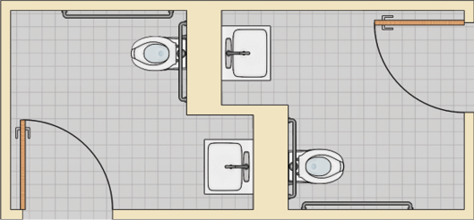 Two single-user toilet rooms located back-to-back with recessed lavatories next to the water closet.