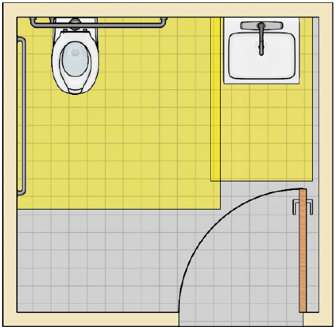 Toilet room with a water closet and an adjacent lavatory with a door opposite the lavatory that swings in. The door does not swing into the clearances at the water closet and lavatory.