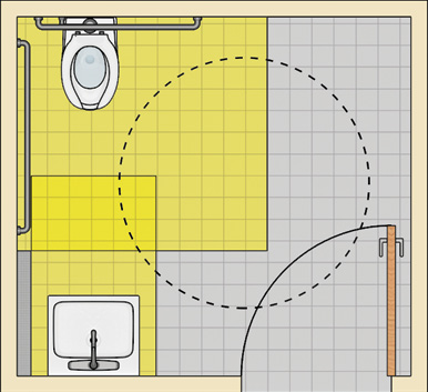 Toilet room with a water closet in a back corner and a lavatory on the front wall opposite the toilet. The water closet and lavatory clearances partly overlap. The door is located next to the lavatory and swings in. It swings into turning circle which overlaps a portion of the fixture clearances.