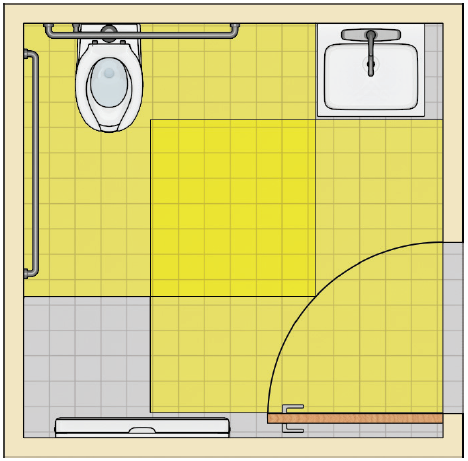 Toilet room with water closet and adjacent lavatory and a baby-changing table on the opposite wall. The table does not overlap fixture clearances or the door maneuvering clearance when stowed