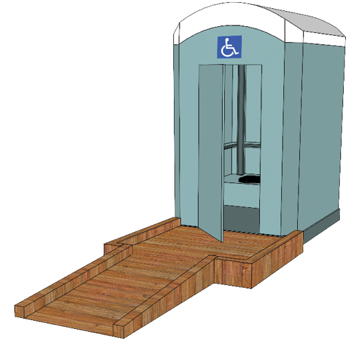 Portable toilet with ramp to entrance and labelled by the ISA