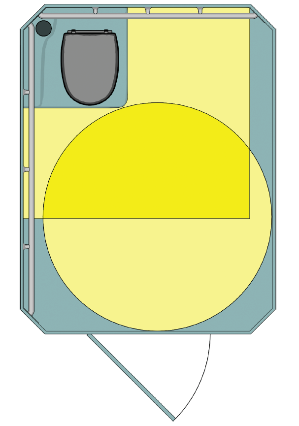 Plan view of portable toilet with water closet in corner with side and rear grab bars; water closet clearance and turning space highlighted.