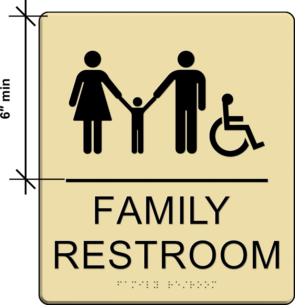 FAMILY RESTROOM sign with pictogram of adults holding child's hands and an ISA. Below pictogram field are raised characters with contrast and braille.