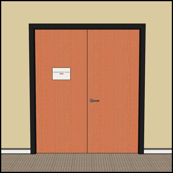 Double leaf door with handle only on the right door, and sign on left door.