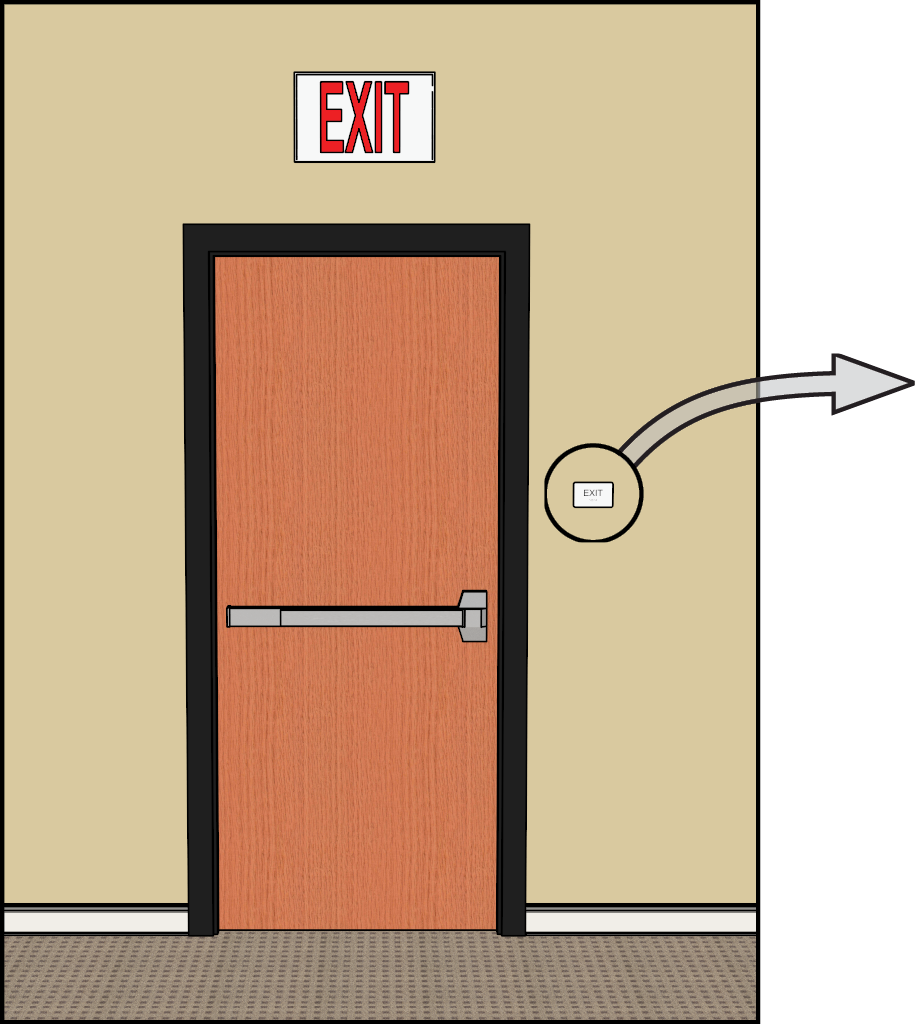 Door with lighted EXIT sign above it.  A small tactile sign on wall to right of the door is circled with an arrow pointed to magnified cutaway detail.