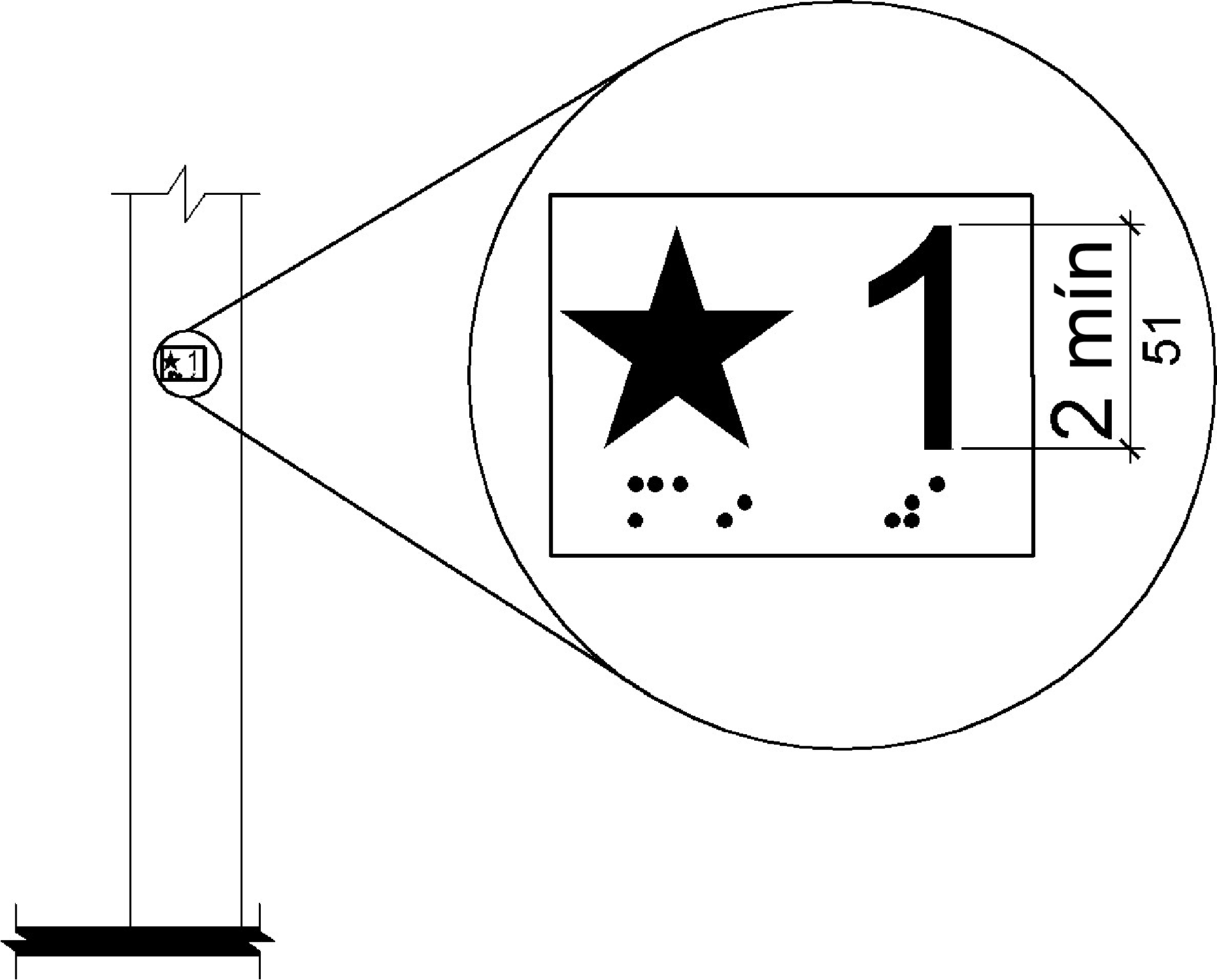 Se muestra un detalle ampliado de una designación de piso táctil.  El signo contiene una estrella y el número A1" al lado, que tiene 2 pulgadas (51 mm) de alto; el equivalente en braille se proporciona debajo de cada uno