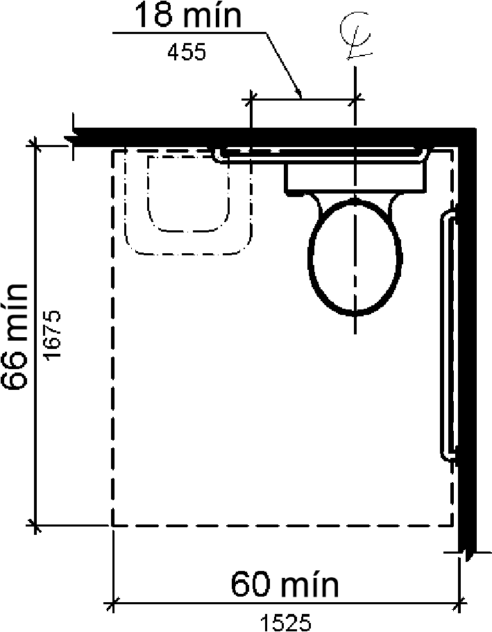 El espacio libre alrededor de un armario de agua se muestra en la vista de plan de 60 pulgadas (1525 mm) de ancho mínimo y 66 pulgadas (1675 mm) de profundidad mínimo con un baño permitido en la pared real si la distancia entre el borde del baño más cercano y la línea central del armario de agua es de 18 pulgadas (455 mm) como mínimo
