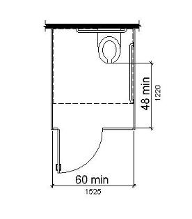 Plan view of a toilet stall with 48-inch clear space shown between the center front of the toilet bowl and the wall opposite.