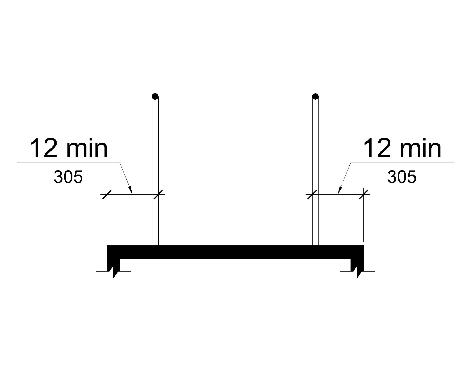 The cross section of a ramp with handrails is shown where the ramp surface extends 12 inches (305 mm) minimum to the outside of the handrails.