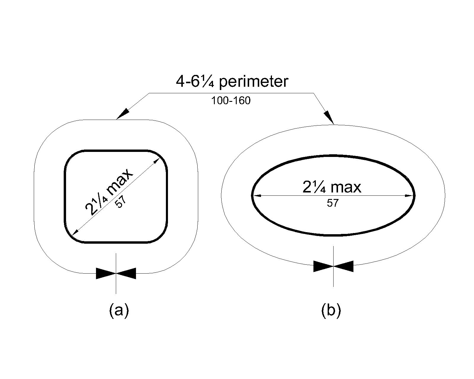 Figure (a) shows a handrail with an approximately square cross section and figure (b) shows an elliptical cross section. The largest cross section dimension is 2¼ inches (57 mm) maximum. The perimeter dimension must be 4 to 6¼ inches (100 to 160 mm).
