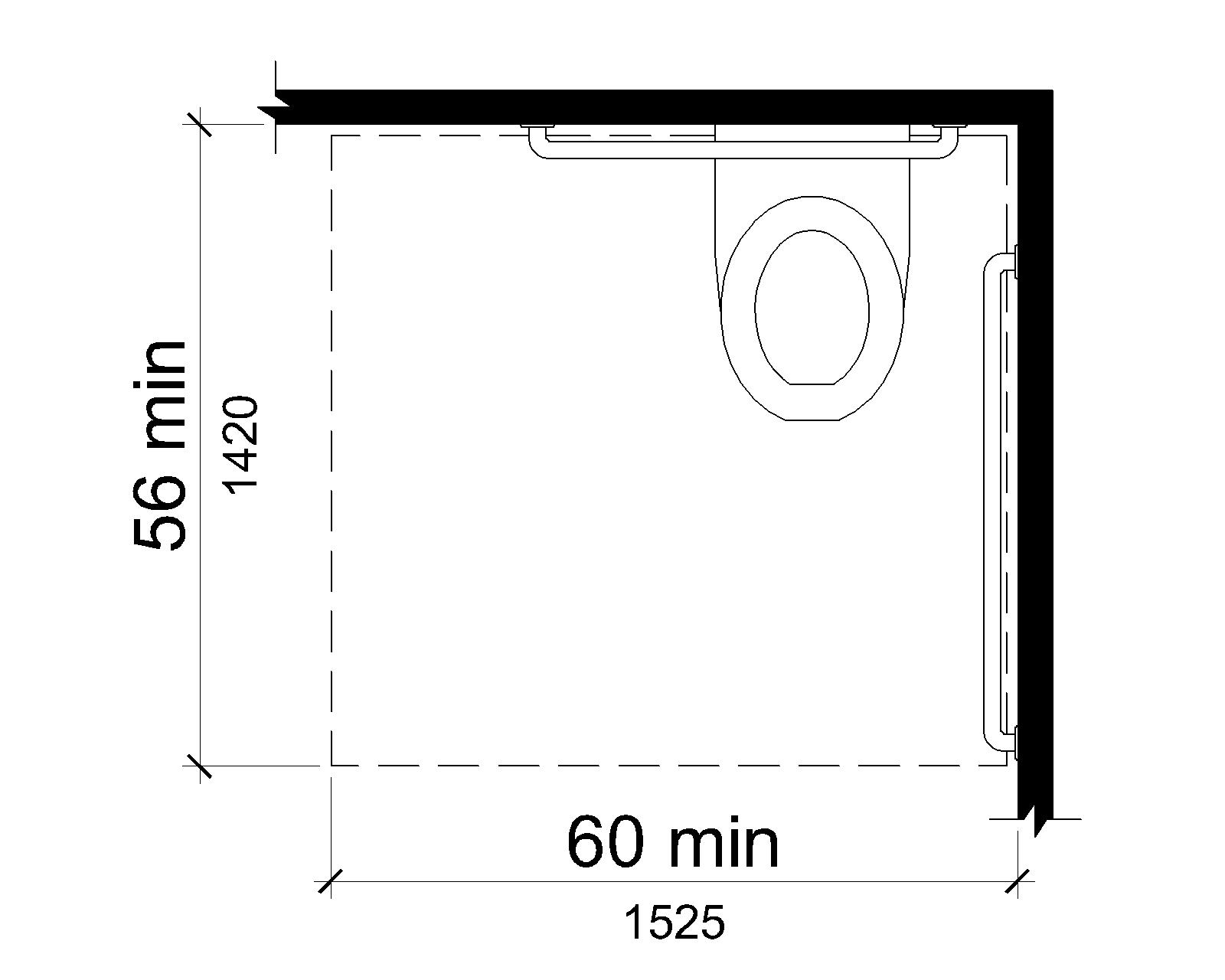 Figure V604.3.1 Clearance Around Water Closet. The clearance around a water closet is shown in plan view to be 60 inches (1525 mm) wide minimum and 56 inches (1420 mm) deep minimum.