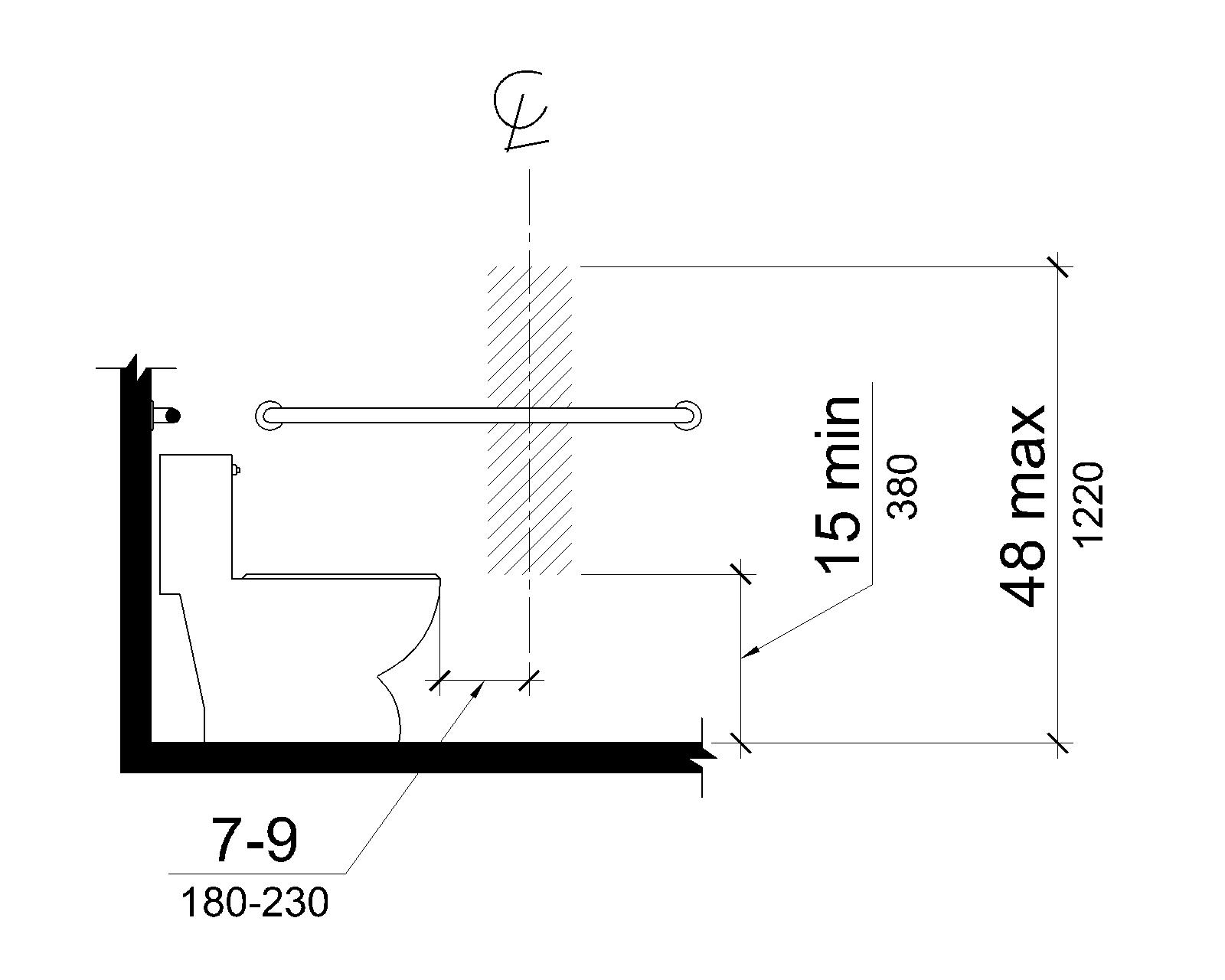 Elevation drawing shows the centerline of the toilet paper dispenser to be 7 to 9 inches (180 to 230 mm) in front of the water closet. The outlet of the dispenser is 15 inches (380 mm) minimum and 48 inches (1220 mm) maximum above the deck surface.