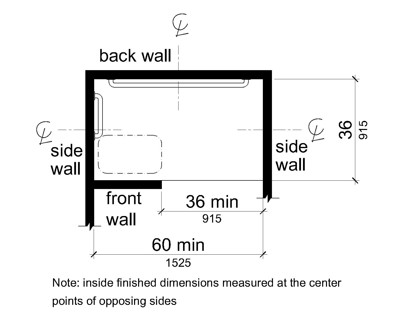 A plan view shows the shower compartment is 36 inches (915 mm) wide absolute and 60 inches (1525 mm) deep minimum. A 36 inch (915 mm) wide minimum entry is provided on one long wall. A seat is provided adjacent to the entry on the same wall.