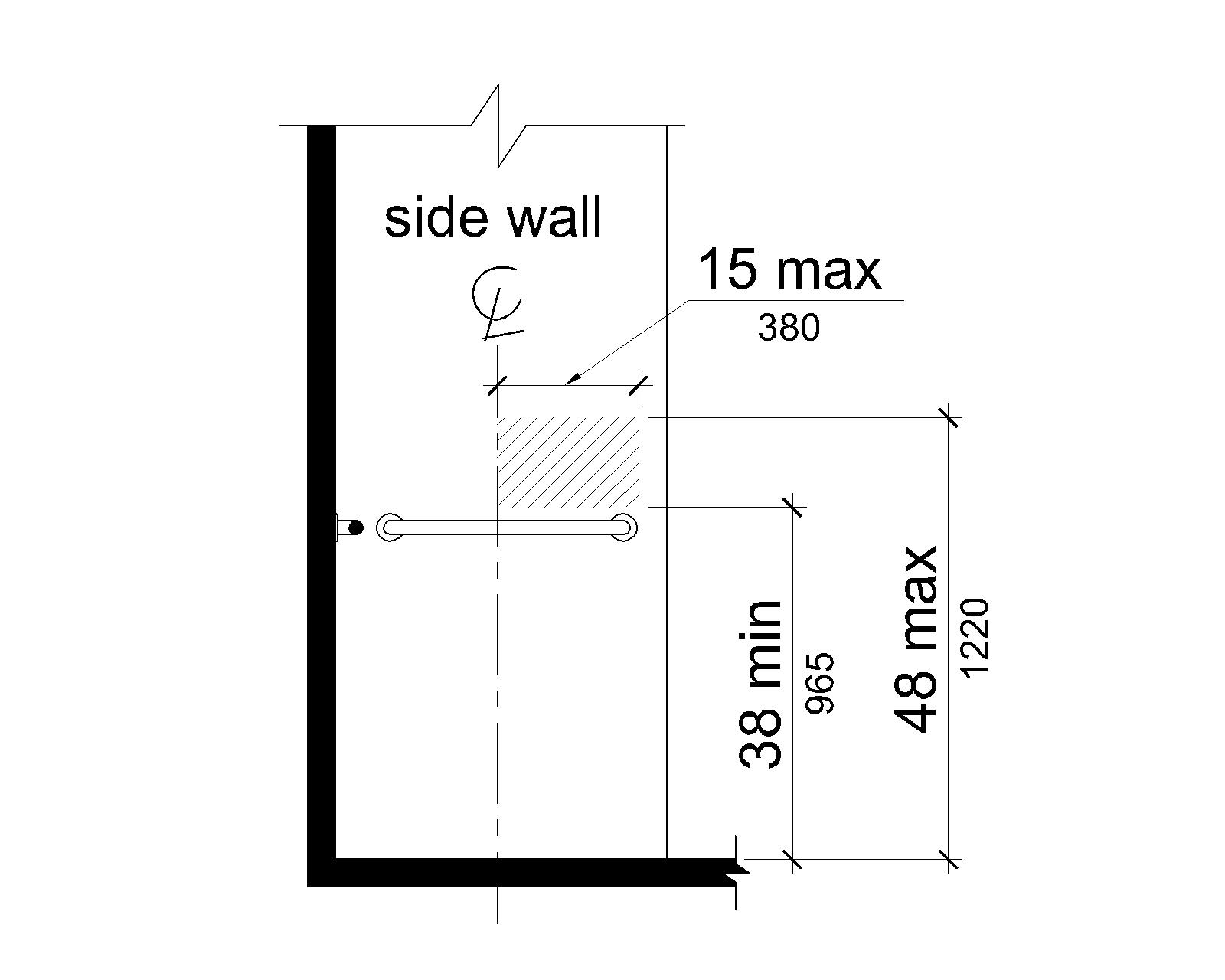 The area for controls, faucets and shower spray units is located 38 inches (965 mm) minimum to 48 inches (1220 mm) maximum above the shower deck surface on the control wall 15 inches (380 mm) maximum from the centerline of the seat, toward the shower opening.