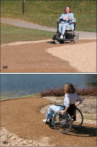 Figure 12---Testing bonded beach path with (a) battery-powered and (b) hand-powered wheelchairs. Shadow near the waterline indicates terminal curb of beach path. 