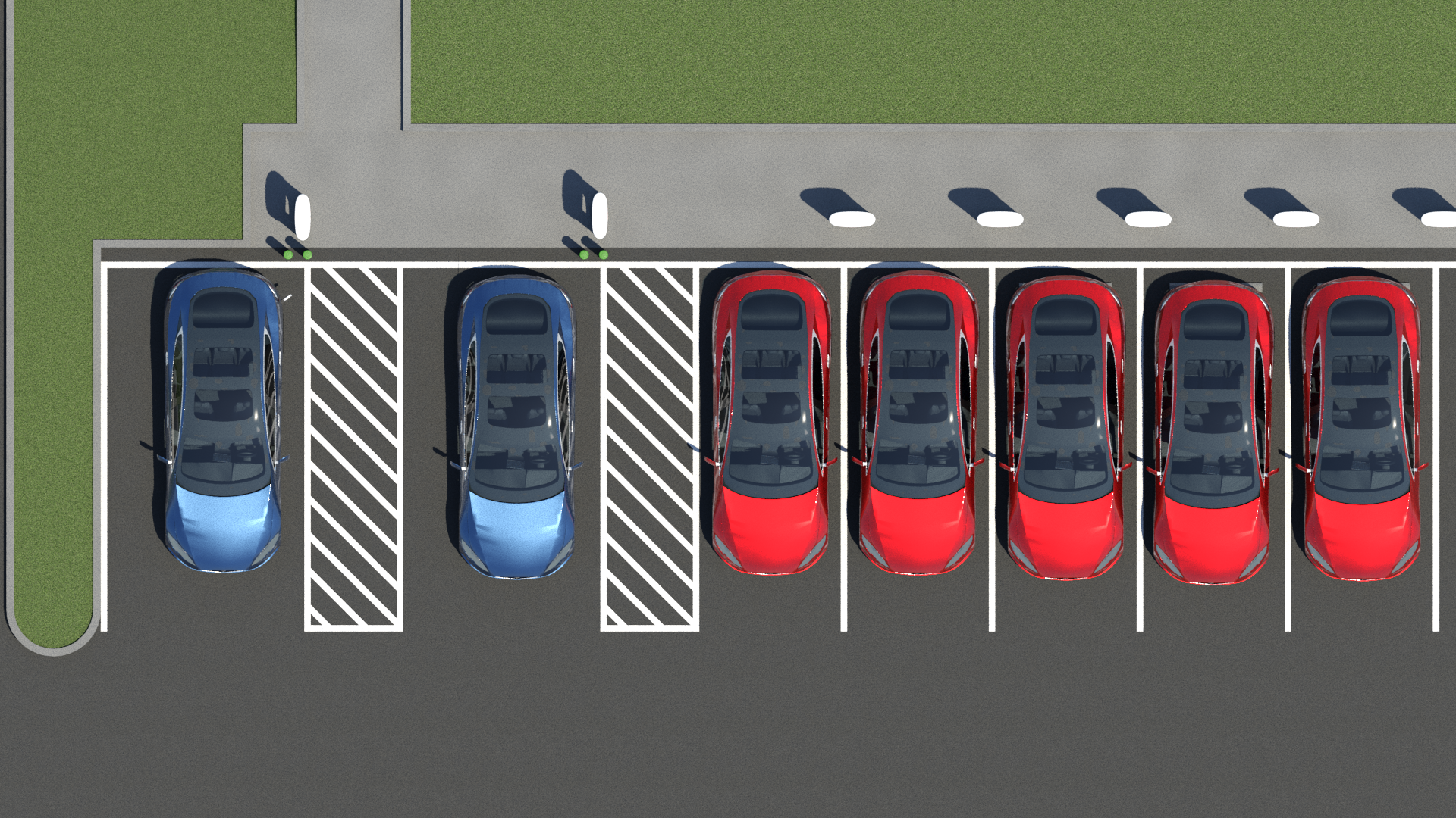 Fast EV charging station with multiple vehicles backed into the vehicle charging spaces. Accessible vehicle charging space with access aisle on the right side. Blue vehicle backed into the vehicle charging space so driver side door aligns with access aisle. Yellow route indicates path from driver's door to EV charger. EV charger is rotated so clear floor space yellow rectangle is in the same direction as the access aisle. 2nd vehicle charging space also has access aisle on the right side. Access aisles are not shared and do not overlap. 3 red vehicles at inaccessible charging spaces.
