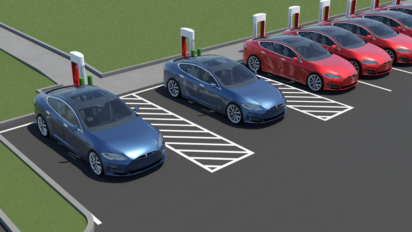 Row of 5 EV's, all with the same vehicle charging inlet location on the driver side rear. All vehicles are backed into their charging spaces and plugged into DCFCs with shorter charging cable. The 2 vehicles on the left are blue and are at accessible charging spaces. The first vehicle on the left has an access aisle on the right side of the charging space. The 2nd vehicle also has an access aisle on the right side of the charging space. The access aisles for both spaces are aligned with the driver's side door and rear driver side charging inlet. The remaining 3 EV's are red and do not have access aisles.