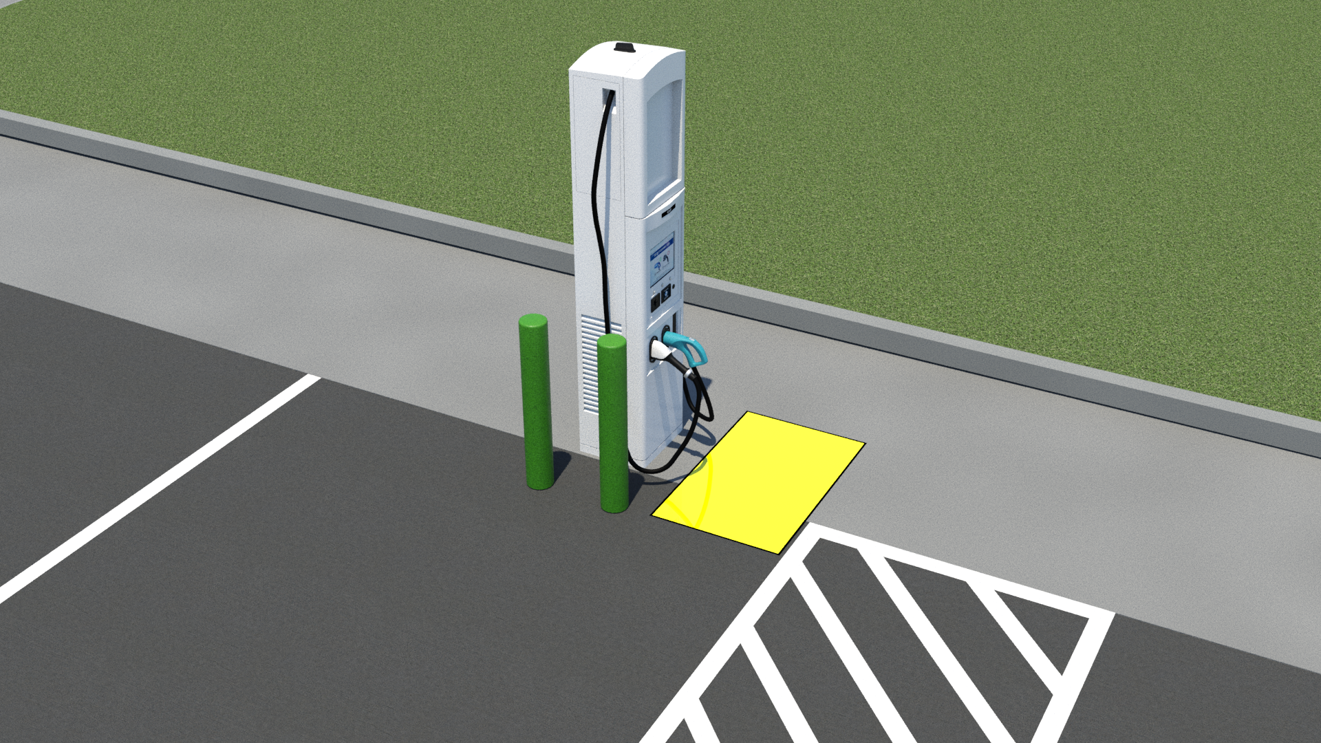 Two green bollards protect side of EV charger which has been rotated so front of EV charger faces access aisle on the right side of the charging space. Yellow rectangle in front of EV charger controls indicates clear floor space. EV charger is placed at center of the vehicle charging space on a flush sidewalk