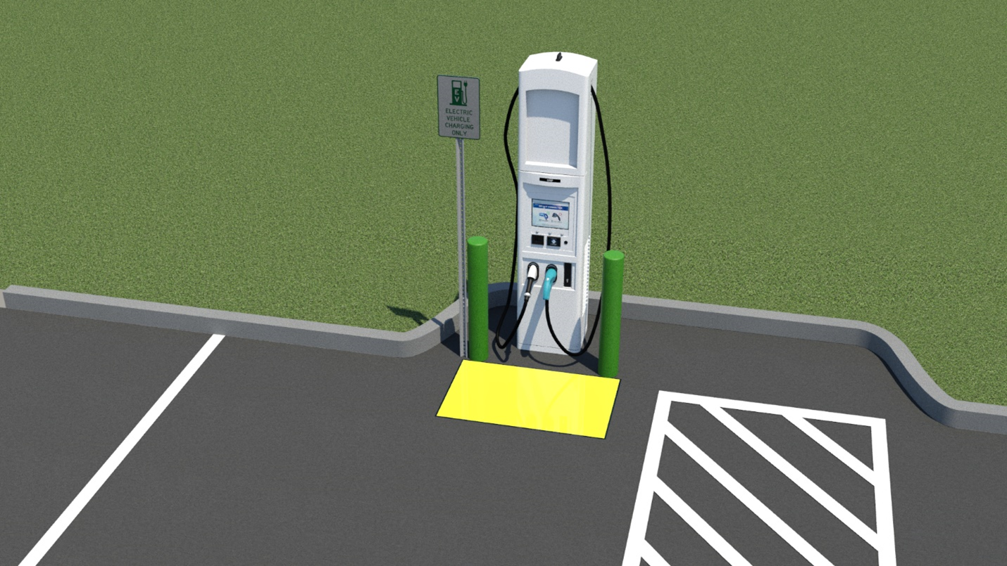 EV charger with the front controls facing the center of the vehicle charging space. 2 green bollards are spaced apart to protect the front of the EV charger. A yellow rectangle indicates clear floor space in front of the EV charger. Access aisle is to the right of the vehicle charging space.