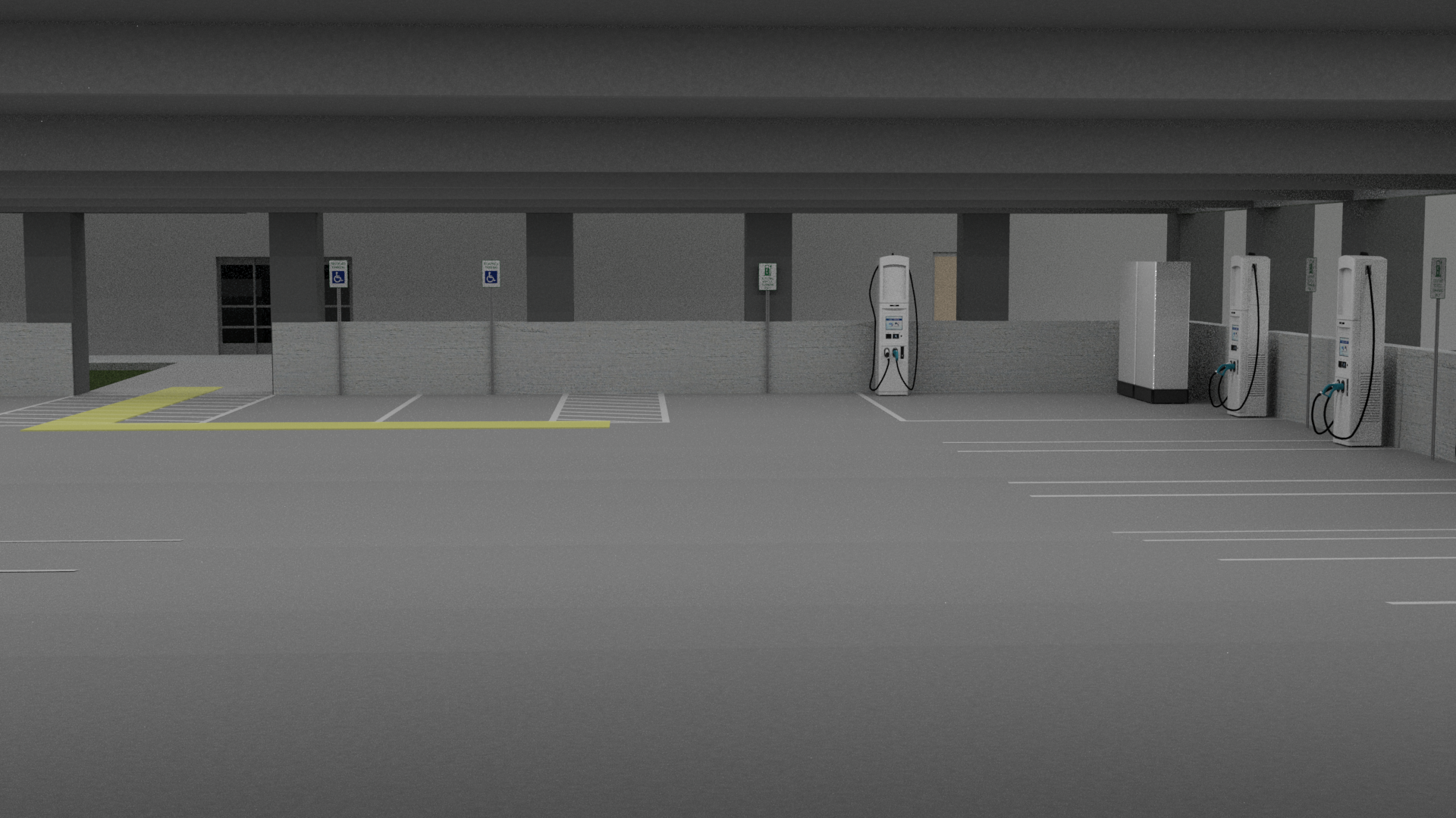 Concrete parking garage with accessible parking and EV chargers. EV charging space shares and access aisle with an accessible parking space. An accessible route connects from the access aisle to the entrance of the parking garage