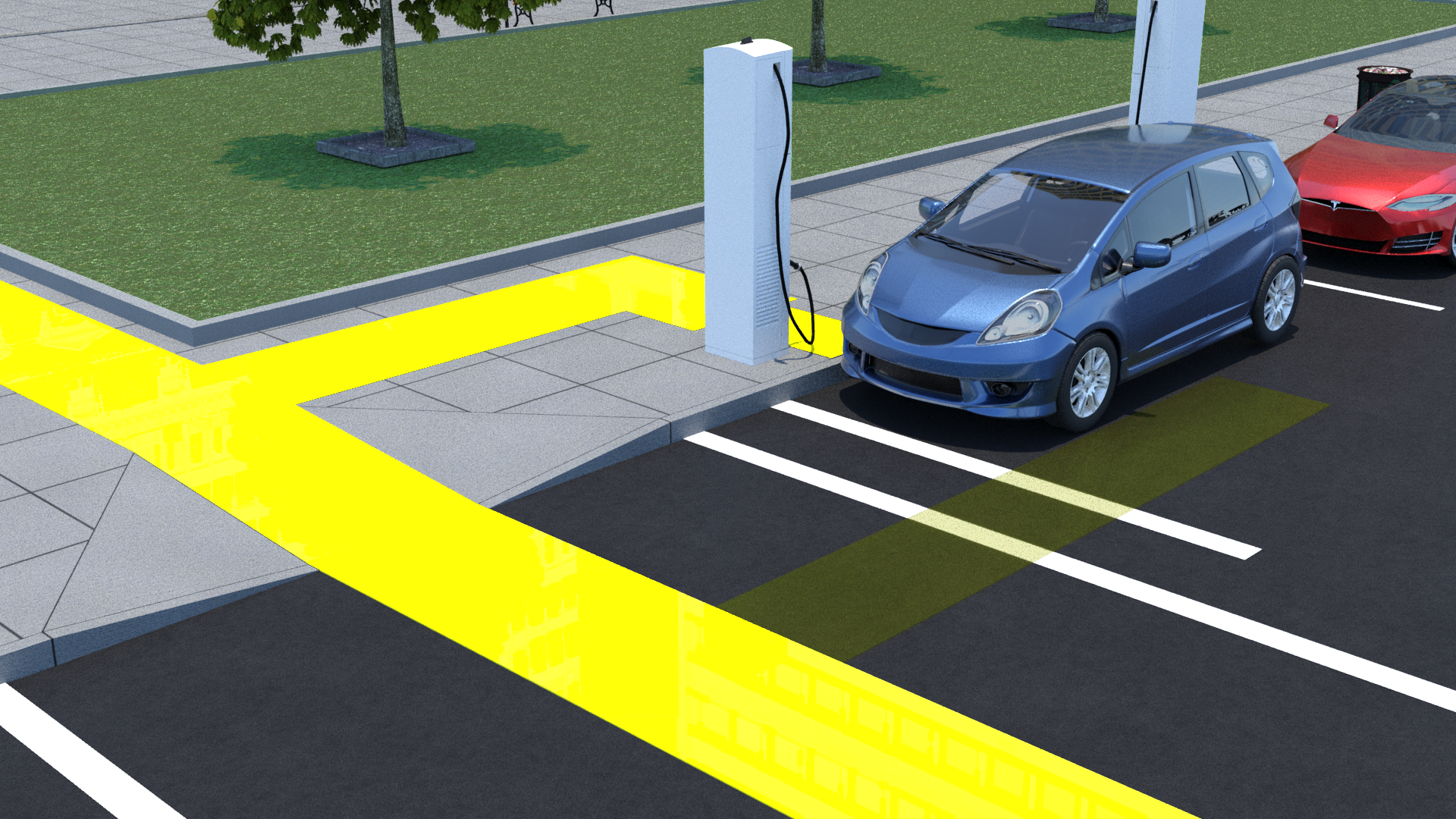 Blue car parked on the street at the end of the block. Sidewalk on the passenger side of vehicle with EV chargers installed on the sidewalk. Semi transparent yellow route indicates an accessible route from driver side door door to end of street, up the curb ramp, and back to the charger. Yellow rectangle indicates clear floor space at the charger.