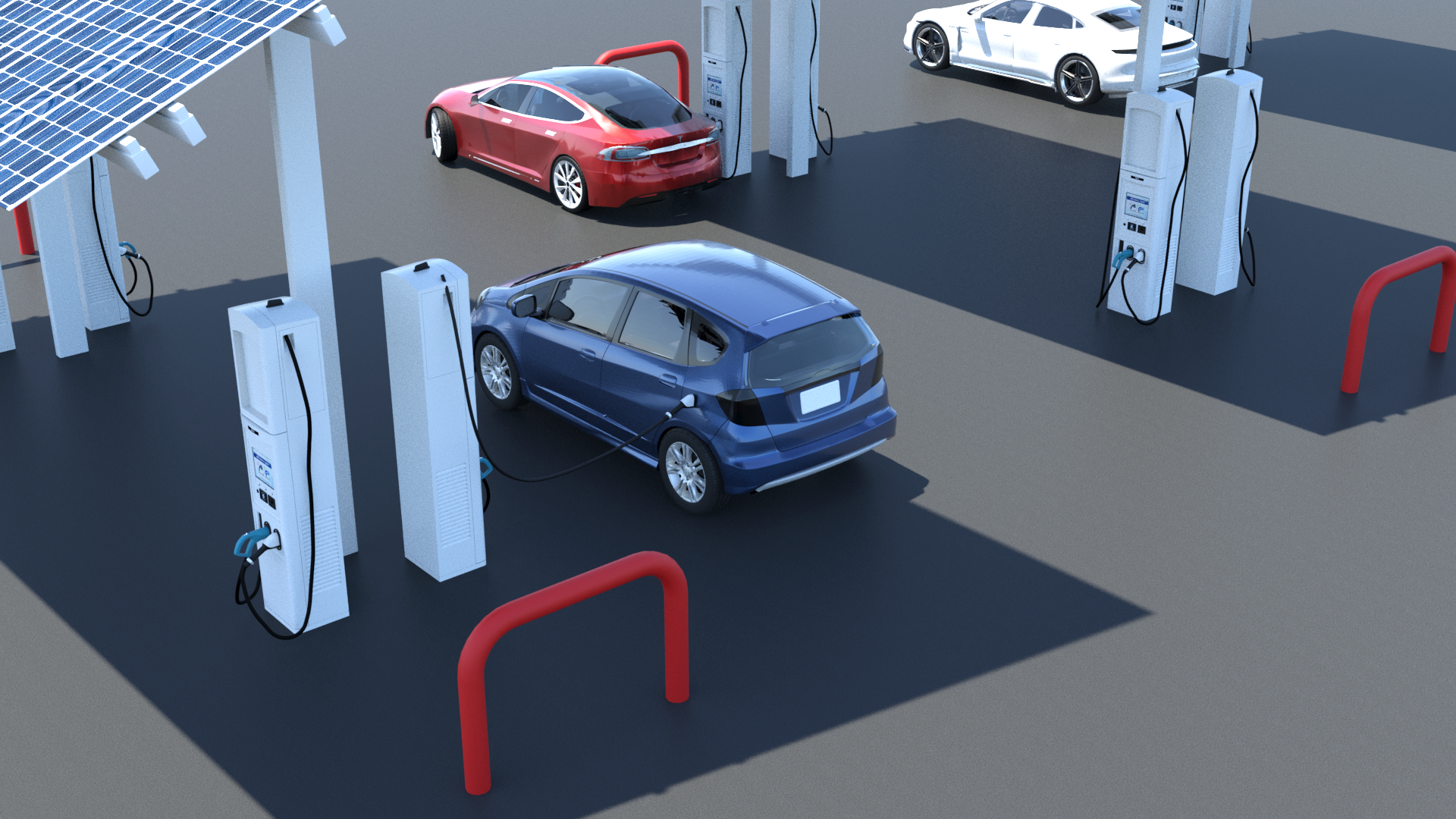 A pull-through EV charging station similar to a gas station. 3 rows of chargers, each with 4 chargers. Solar panel roof provides shelter. Curb cut outs and clear floor space at all EV chargers.