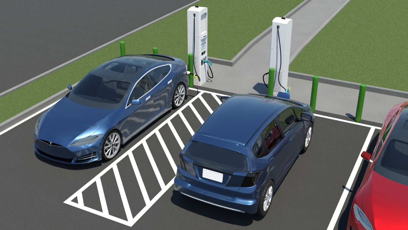 Two EV's share a center access aisle. The vehicle on the left is backed into the vehicle charging space with the access aisle on the driver side and charging inlet on the rear driver side. The 2nd vehicle is on the right and is pulled forward into the vehicle charging space. The access aisle is on the left side of the vehicle charging space which coincides with the driver side door. A 2nd charger is plugged into the front charging inlet