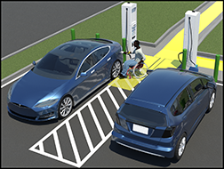 Perspective view of two EV charging spaces sharing a center access aisle. Vehicle on the left is backed in to charging space with charger connected to driver side rear charging inlet. Vehicle on the right is pulled forward into charging space with charger connected to front vehicle charging inlet. Both EV chargers are at the head of the charging spaces and protected by green bollards. EV chargers are rotated so they both face the center access aisle. (The EV charger on the left is rotated to face the right and has clear floor space on the right, and the EV charger on the right is rotated to face the left and has clear floor space on the left).