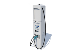 Graphic of an EV charging station with two pumps available. The station is vertical and there is a large screen and a set of buttons below it on the front.