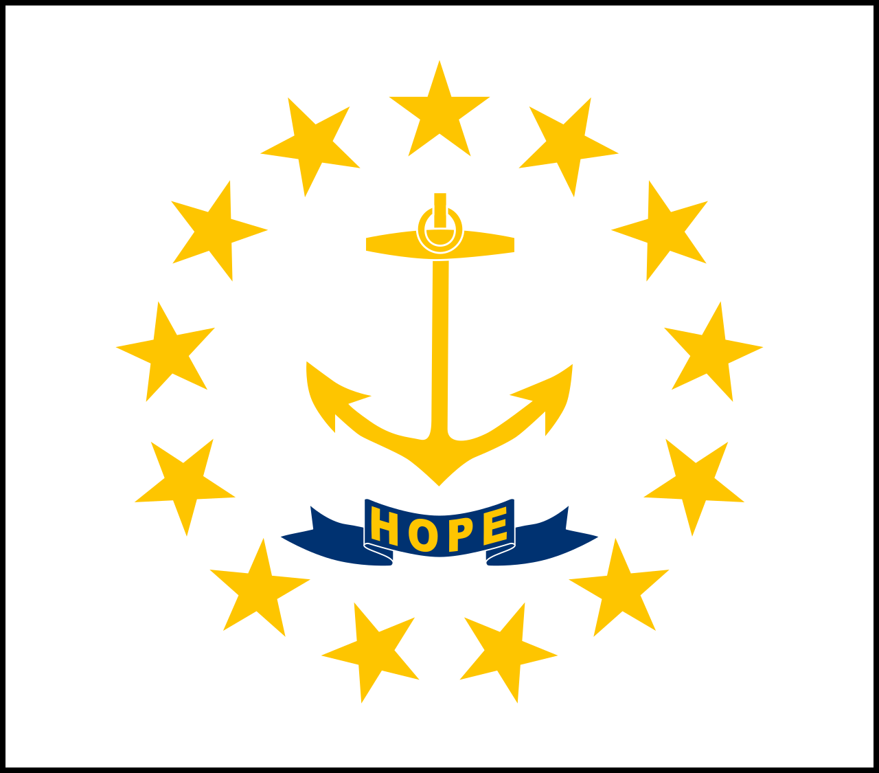 Flag of Rhode Island. A ring of 13 stars surround an anchor. Beneath is a ribbon displaying the word: hope.