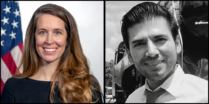 Headshots of Katy Kale and Elver Ariza-Silva next to one another. Behind Kale is a white backdrop and an American flag. Behind Ariza-Silva is a bus; this photo is monochrome.