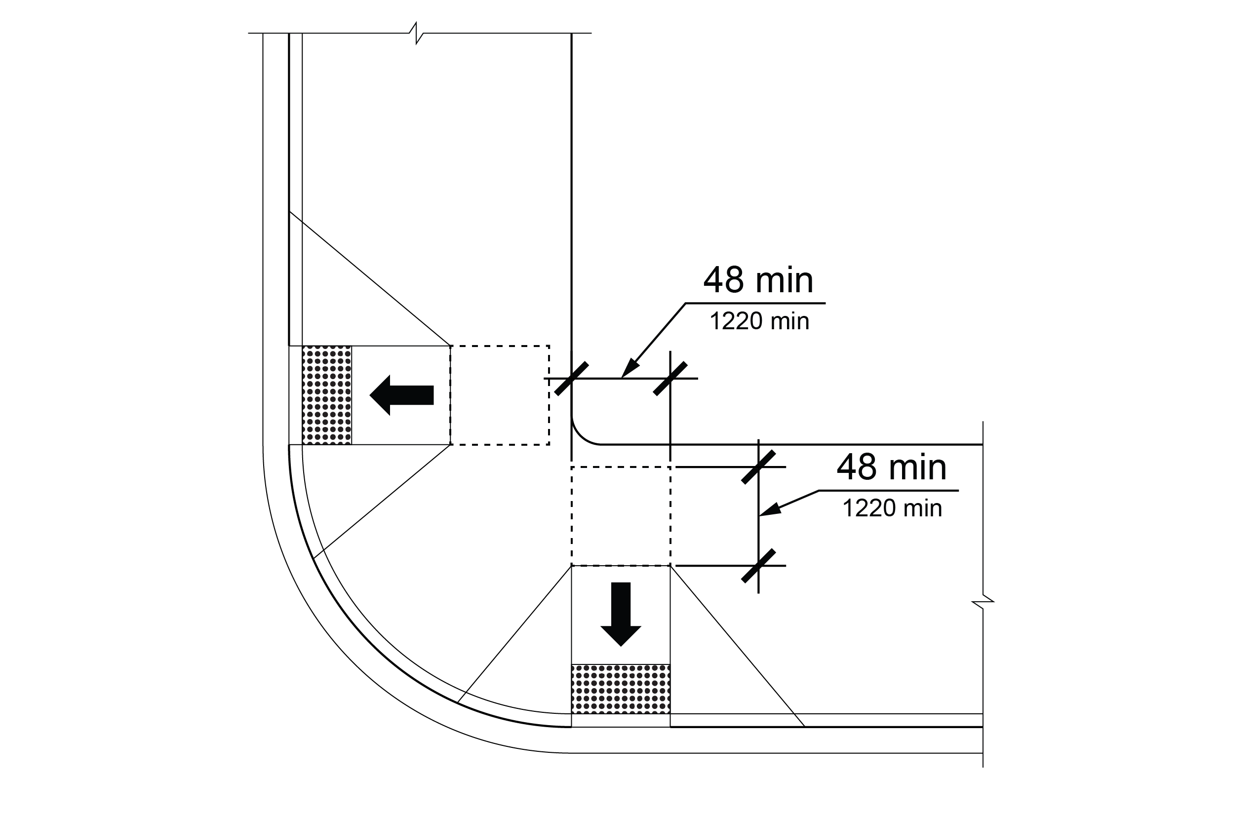 Street corner with two perpendicular curb ramps with upper landings within the pedestrian access route.