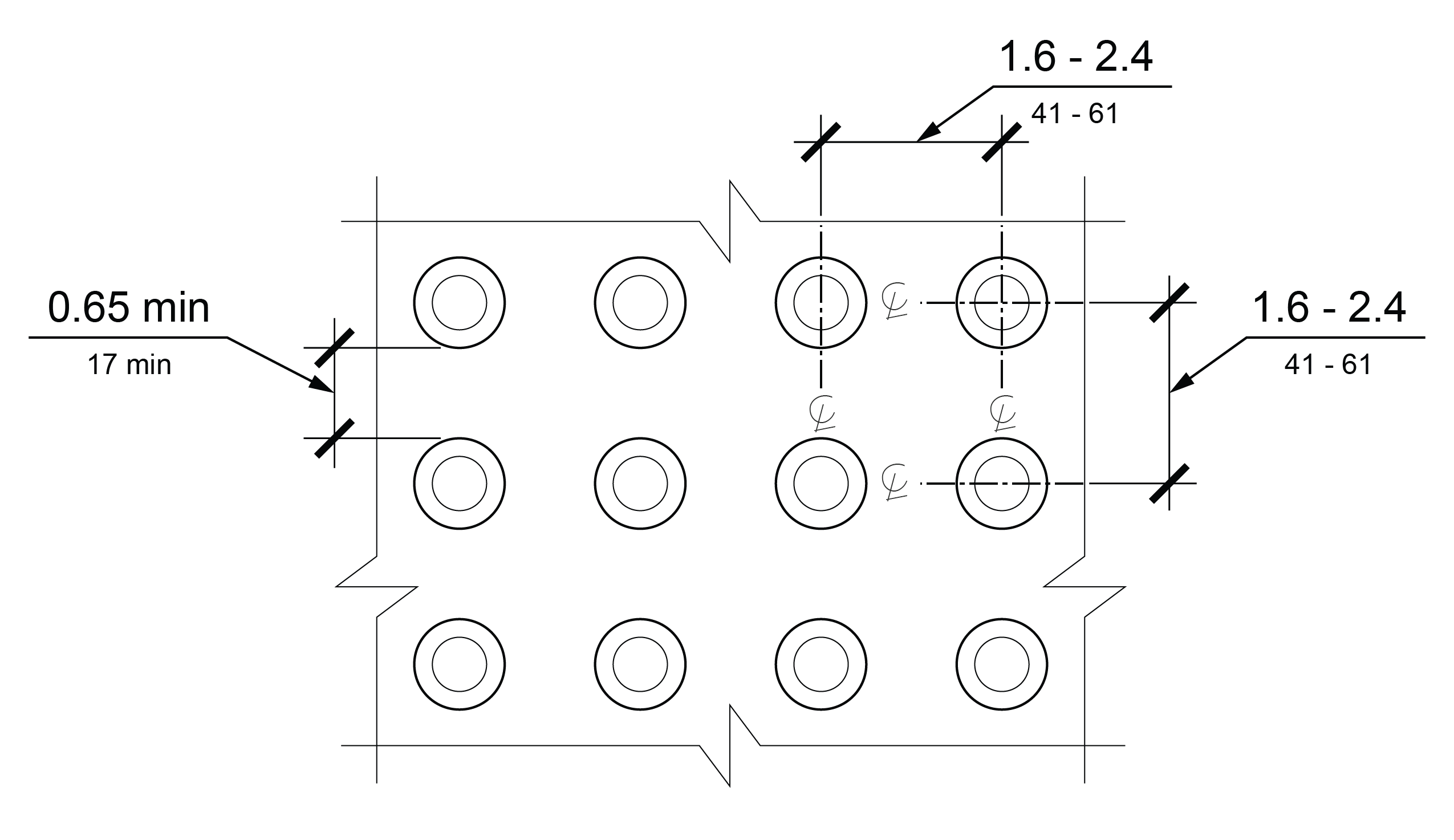 Plan view of detectable warning identifying the distance between centerlines of truncated domes and the distance between bases of truncated domes.