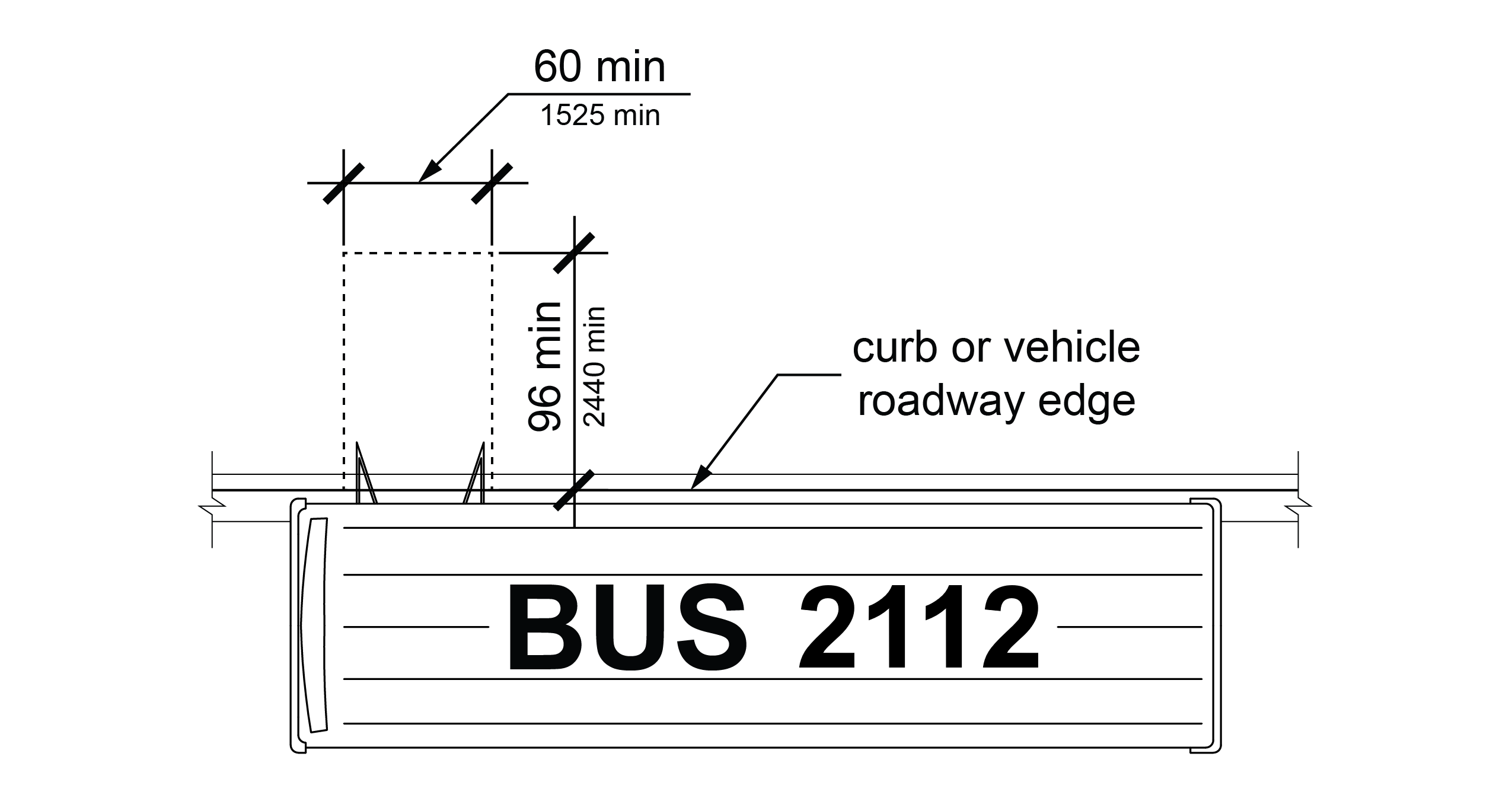 Plan view of bus with identified boarding and alighting area at open doors aligned with front of curb edge.