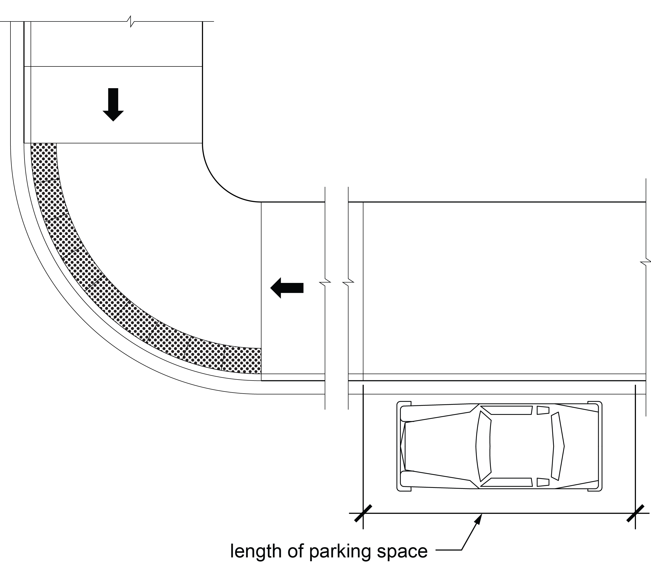 On street parking with vehicle space located at street corner just beyond a blended transition with detectable warning surfaces.