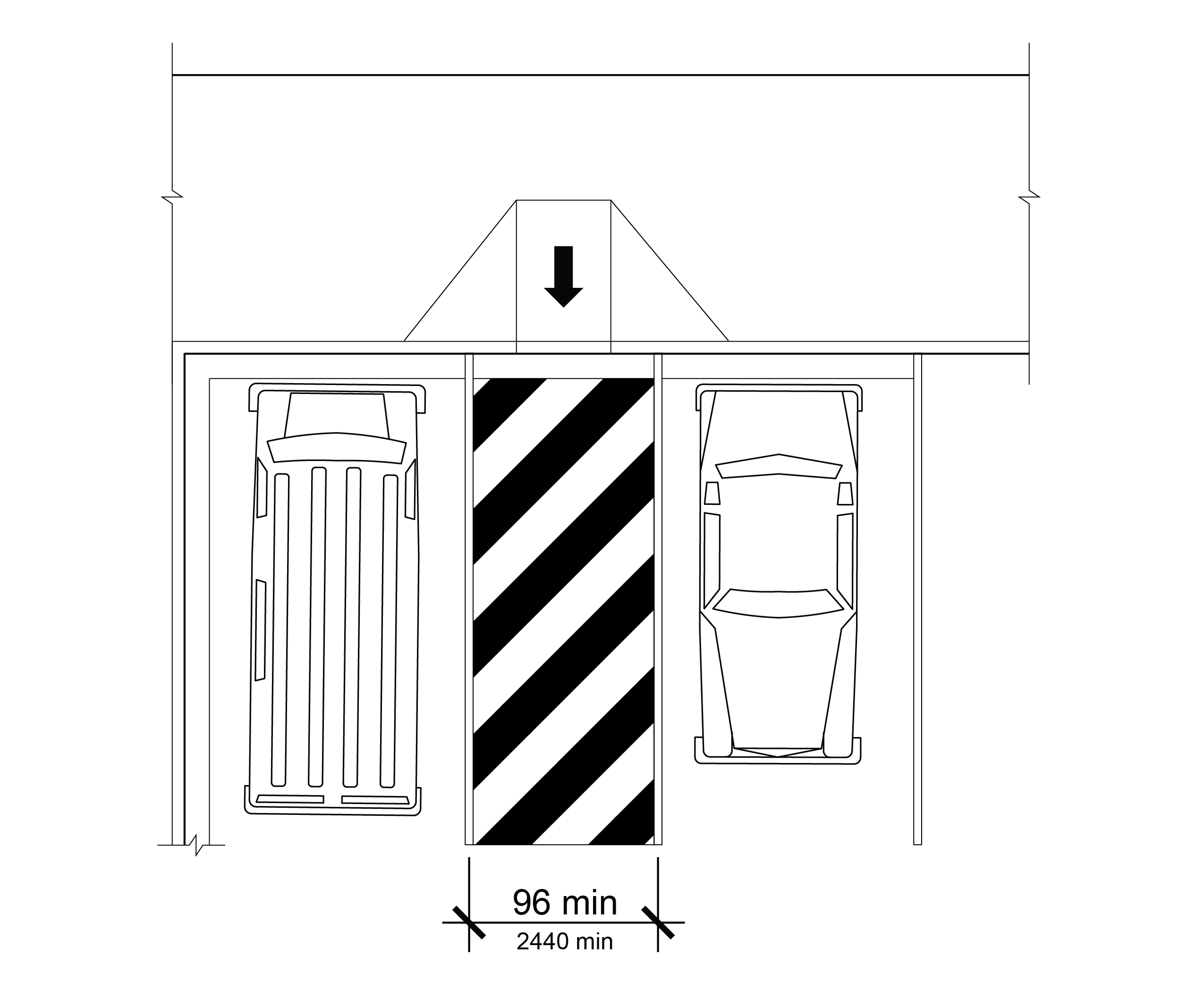 Plan view of perpendicular parking spaces with an access aisle between the spaces connected to a perpendicular curb ramp.  The minimum width of the access aisle is identified.