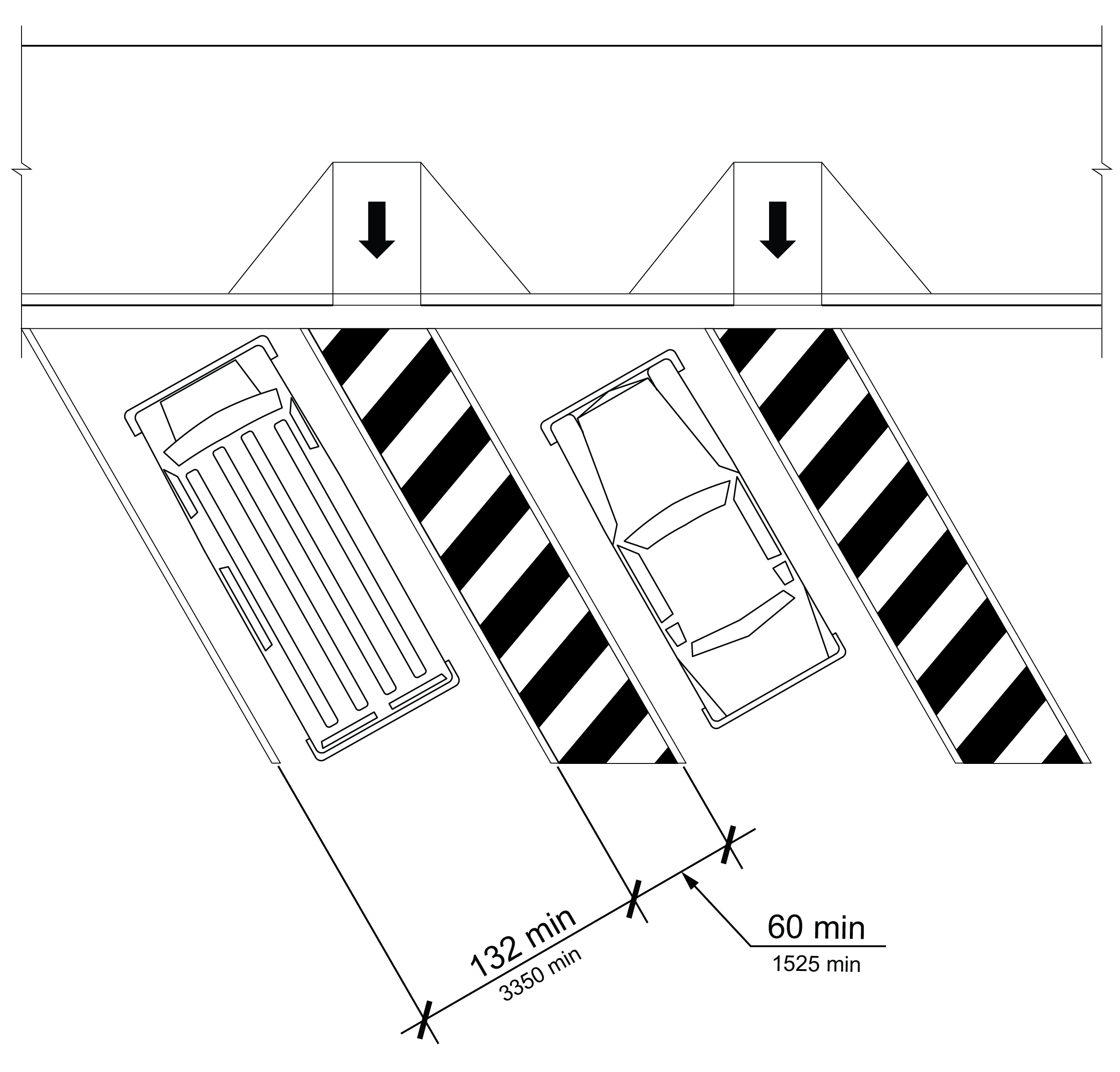 Plan view of angled parking spaces with an access aisle on passenger side of each space connected to a perpendicular curb ramp.  The minimum widths of the vehicle space and access aisle are identified.