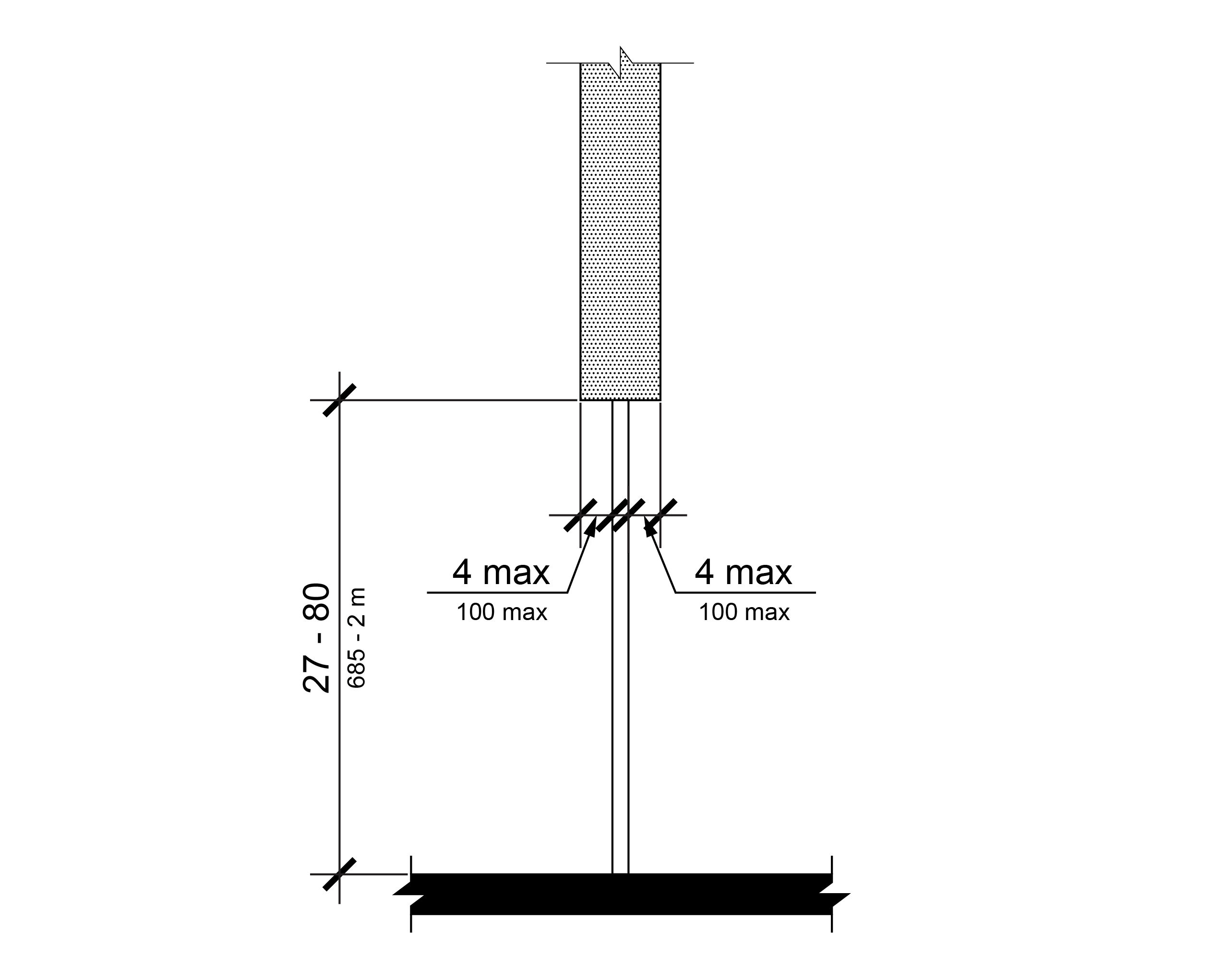 Elevation view of narrow sign with a bottom edge between twenty seven and eighty inches above the ground that does not extend more than four inches beyond the mounting post.